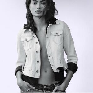 Free People Layered Denim Jacket Faux Hoodie Distressed S